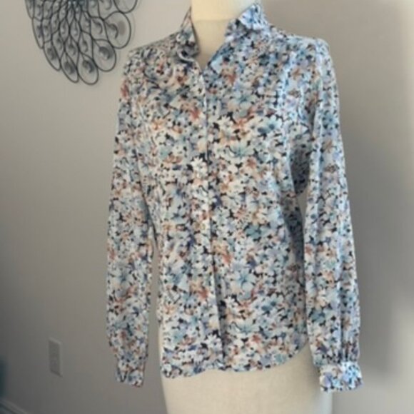 Vintage blue brown Floral Silky Blouse by Langtry - Picture 12 of 14